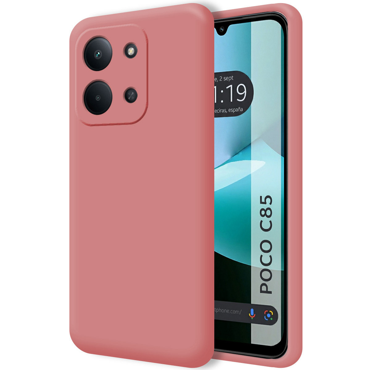 Una custodia rosa per telefono accanto a uno smartphone. Lo schermo del telefono mostra la data e l'ora. Il telefono ha un'etichetta POCO C85.