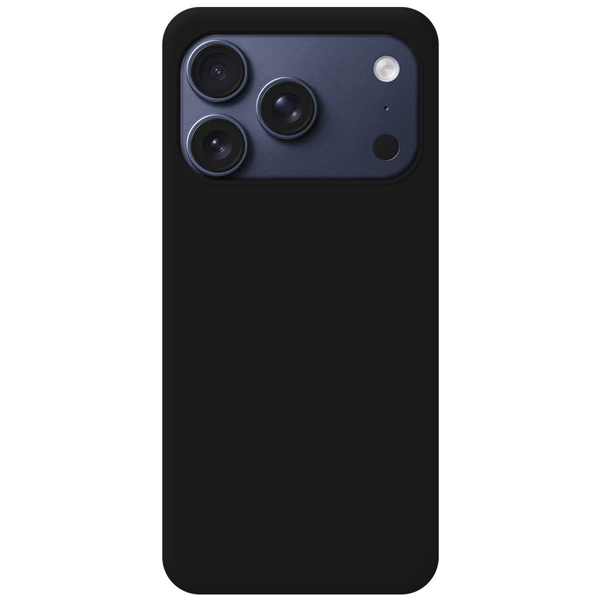 Custodia nera per telefono con modulo fotocamera. Sono visibili tre obiettivi e un flash. La custodia è rettangolare con angoli arrotondati.