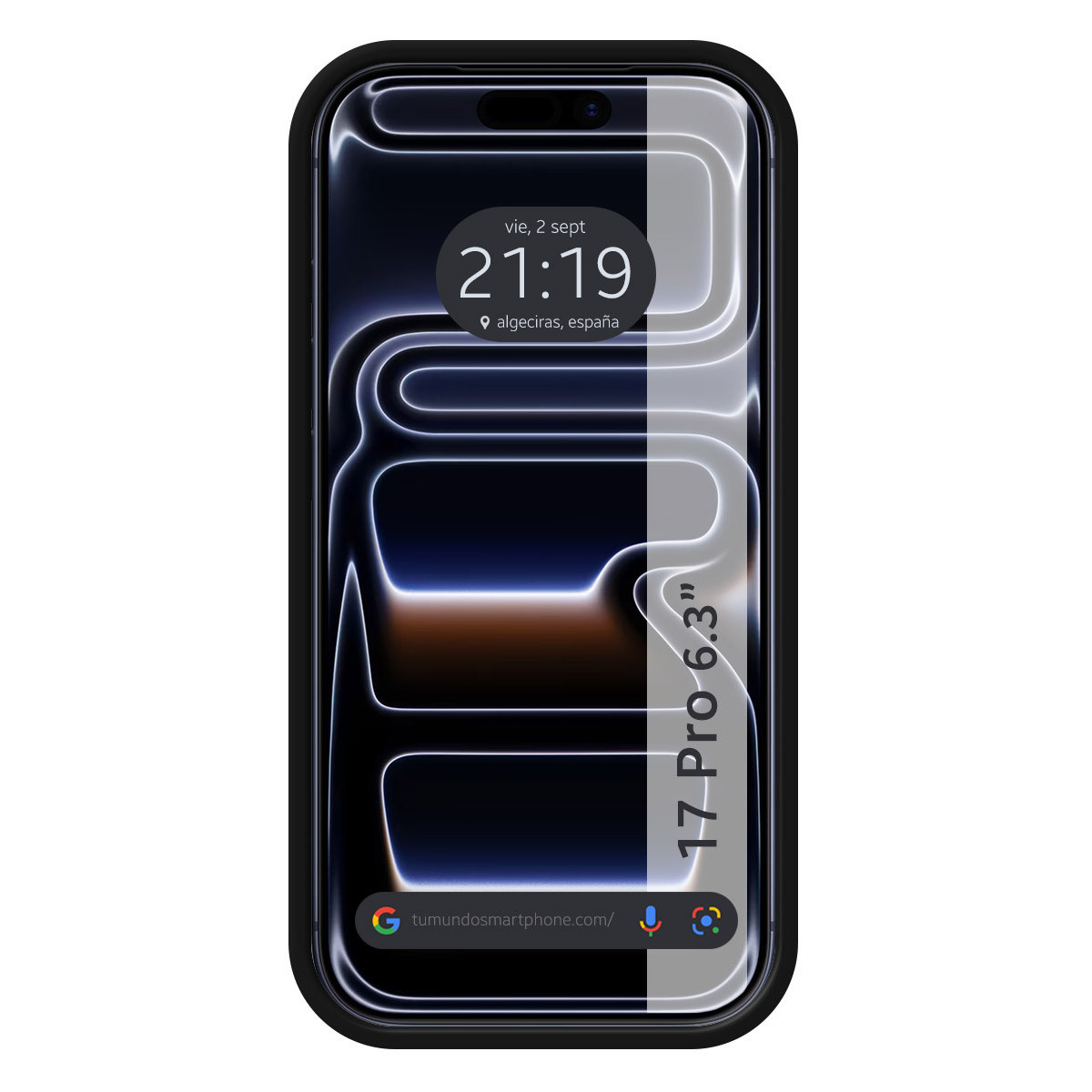 Uno smartphone mostra ora, data e posizione. Il suo schermo mostra un design con linee bianche su sfondo scuro. Il telefono è in una custodia nera.