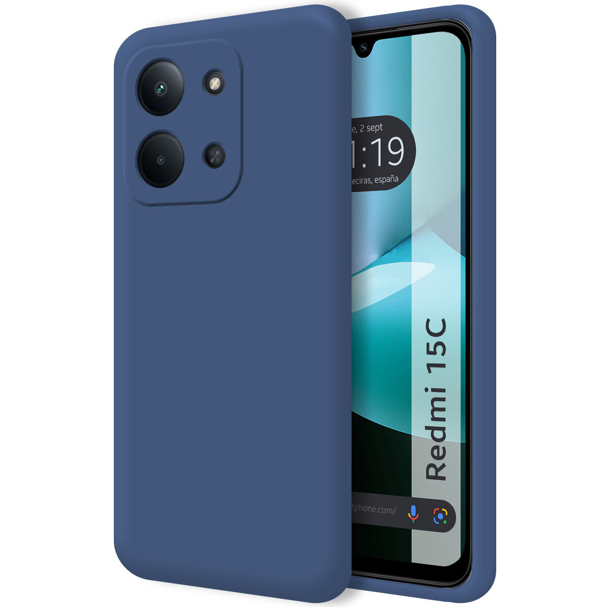Una custodia blu copre un telefono Redmi 15C. Il telefono mostra l'ora. La custodia ha obiettivi della fotocamera e un flash.