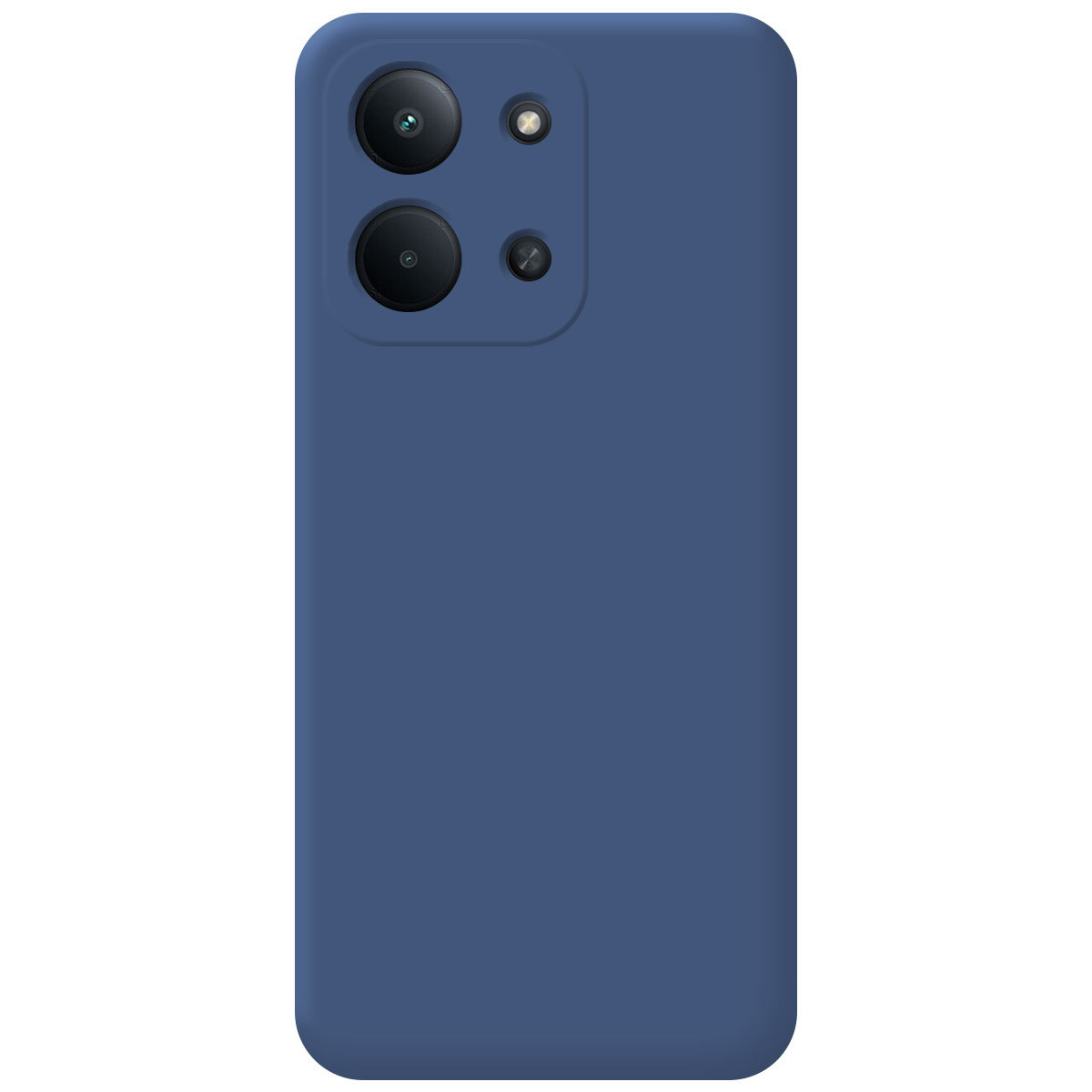 Una custodia blu navy con quattro fori per la fotocamera. La custodia è liscia, con forma rettangolare arrotondata e superficie liscia.