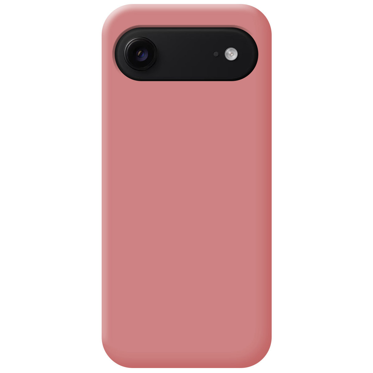 Una custodia per telefono di colore rosa tenue. Ha una sezione fotocamera nera con due lenti. Angoli arrotondati e superficie liscia.