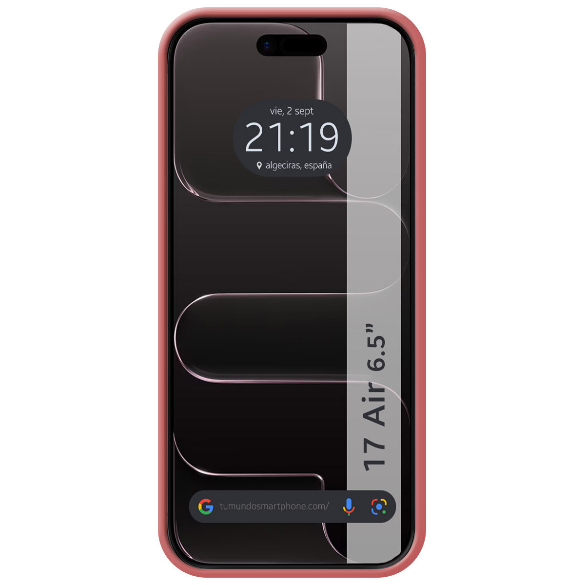 Schermo di smartphone che mostra l'ora, la data e il luogo. Il telefono è in una custodia rosa. Lo schermo mostra un design in bianco e nero.
