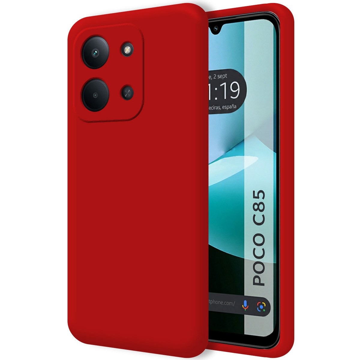 Custodia rossa per telefono che copre parzialmente un telefono con lo schermo visibile. Il telefono mostra l'ora e Poco C85.
