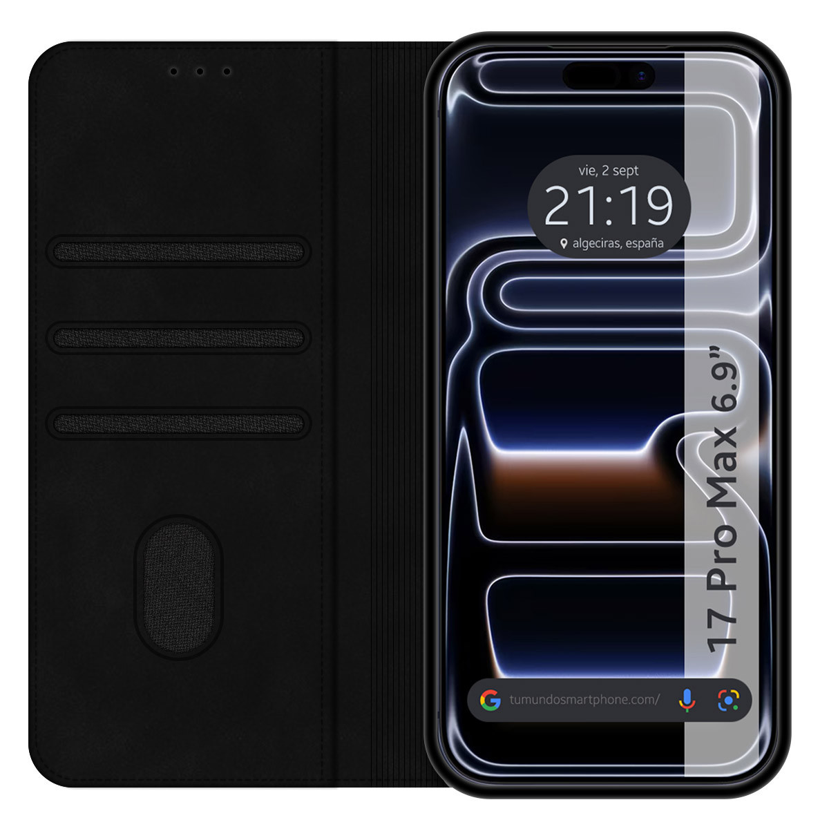 Custodia per telefono nera con smartphone che mostra ora e luogo. Il telefono ha uno schermo da 6,9".