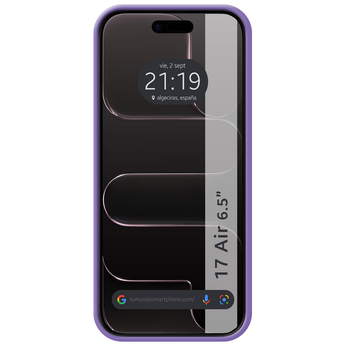 Schermo di smartphone che mostra ora, data e posizione. Il telefono è in una custodia viola. Lo schermo mostra un indirizzo web.