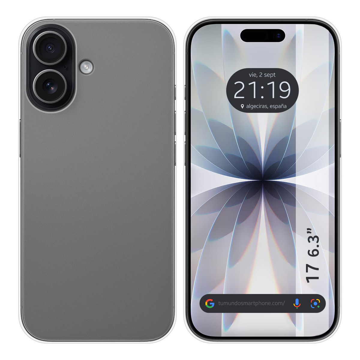 Un smartphone en una funda gris. La pantalla muestra la hora, 21:19, y un diseño floral. El teléfono mide 17 6,3 pulgadas.