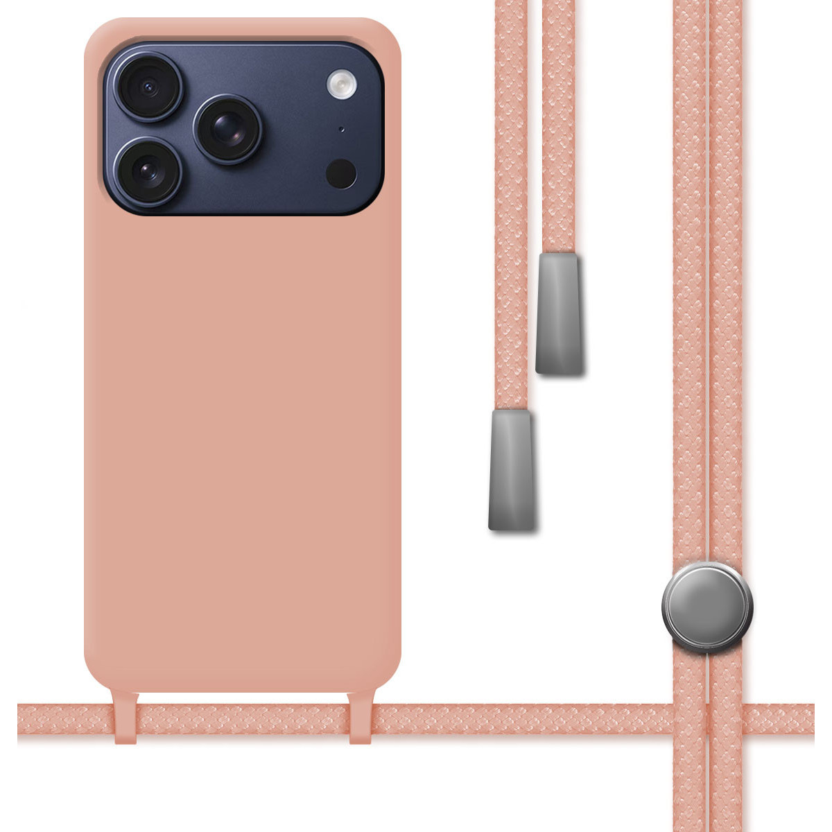 Una custodia per telefono rosa chiaro con una sezione fotocamera blu scuro e un cordino abbinato. Il cordino ha dettagli metallici grigi.