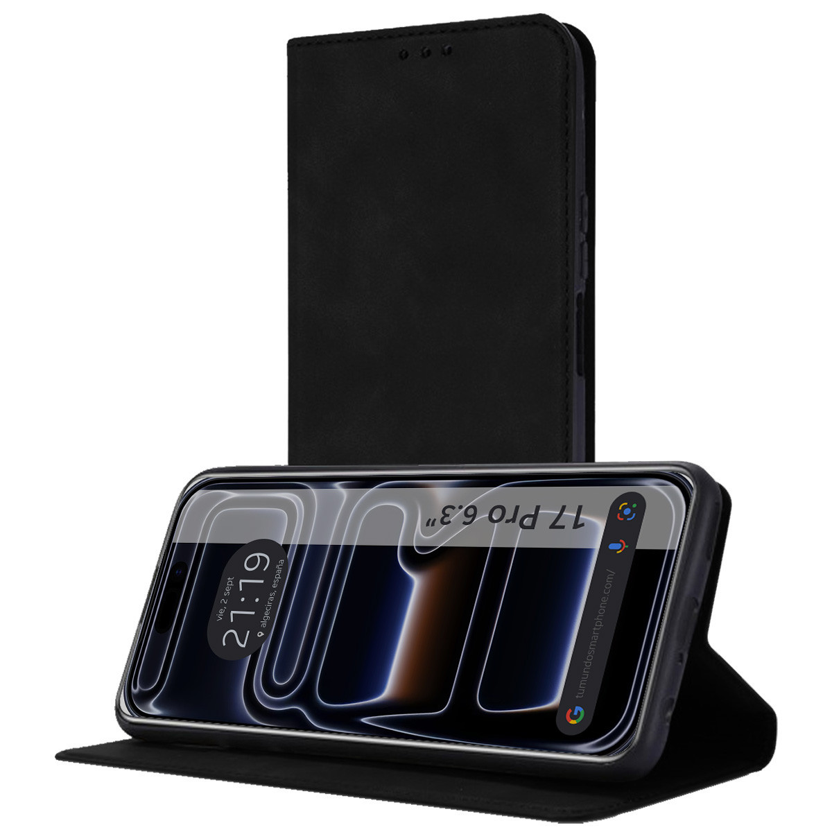 Uno smartphone con schermo acceso è all'interno di una custodia nera. Lo schermo mostra l'ora e la data. La custodia è aperta.
