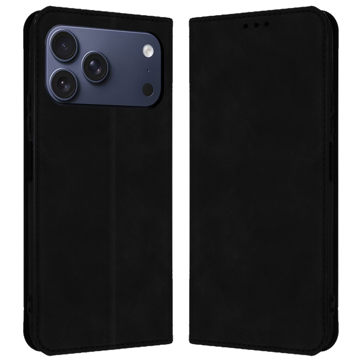 Custodia nera per telefono con un telefono all'interno. Il telefono ha tre lenti della fotocamera. La custodia è aperta, rivelando il telefono.