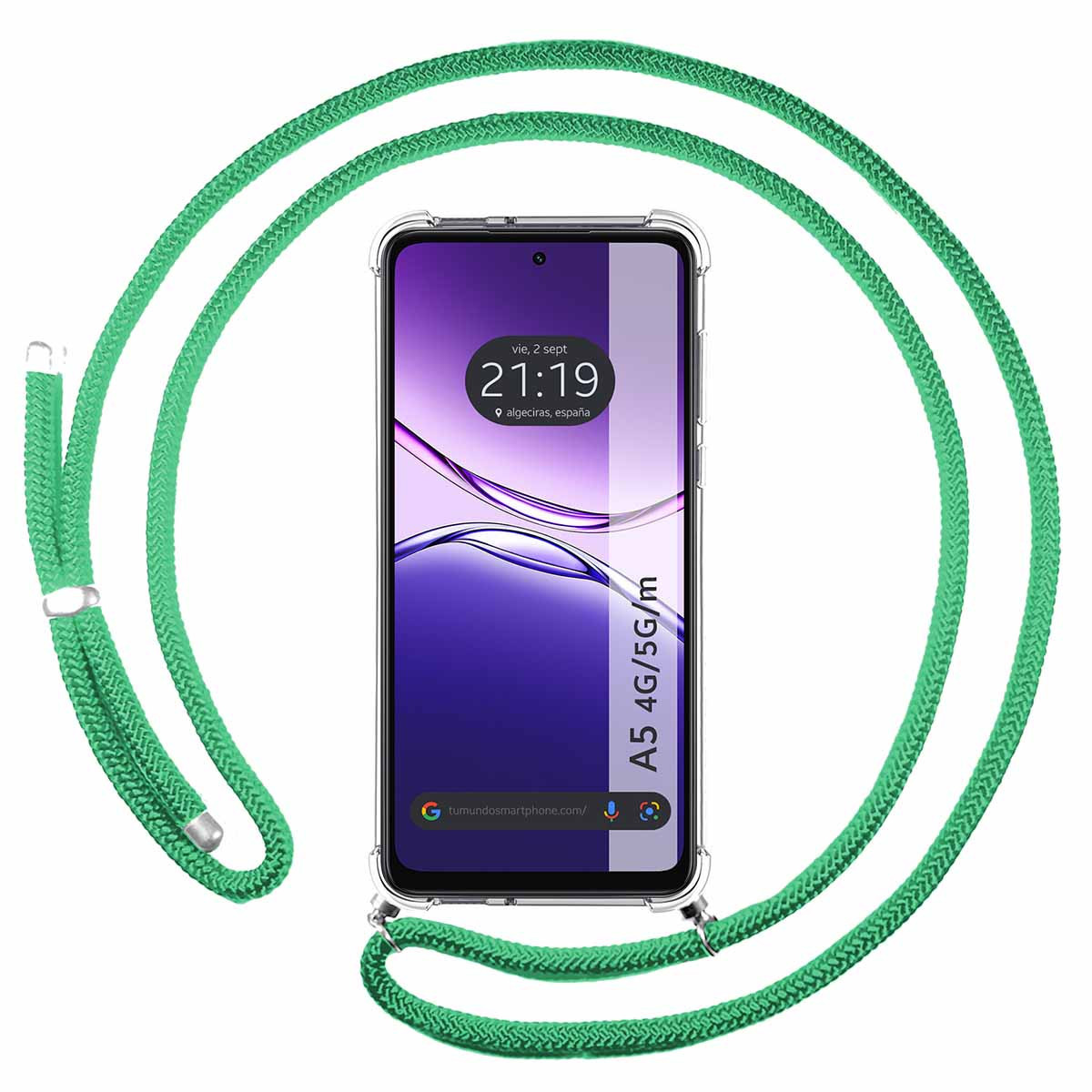 Uno smartphone con un cordino verde. Lo schermo mostra l'ora e il luogo. Il cordino circonda il telefono.