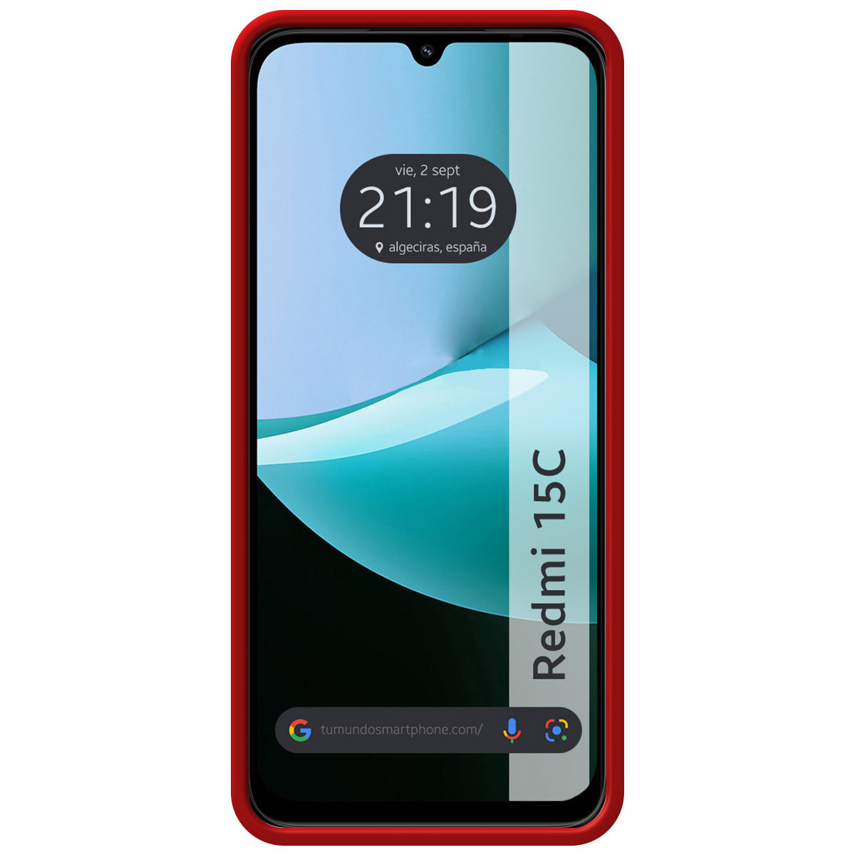 Uno smartphone con cornice rossa mostra ora, data e posizione. Lo schermo mostra uno sfondo astratto blu e bianco. Il telefono è Redmi 15C.