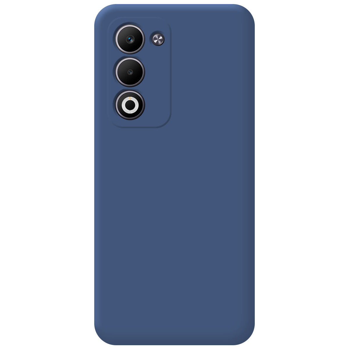 Una custodia blu per telefono con tre obiettivi e un flash. La custodia è di colore pieno, di forma rettangolare e con angoli arrotondati.