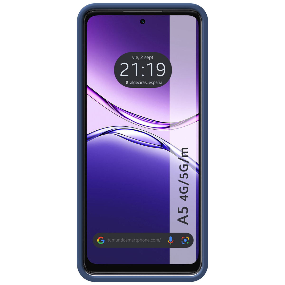Uno smartphone mostra l'ora, la data e la posizione. Il suo schermo mostra un design astratto viola e blu. Il telefono è in una custodia blu.