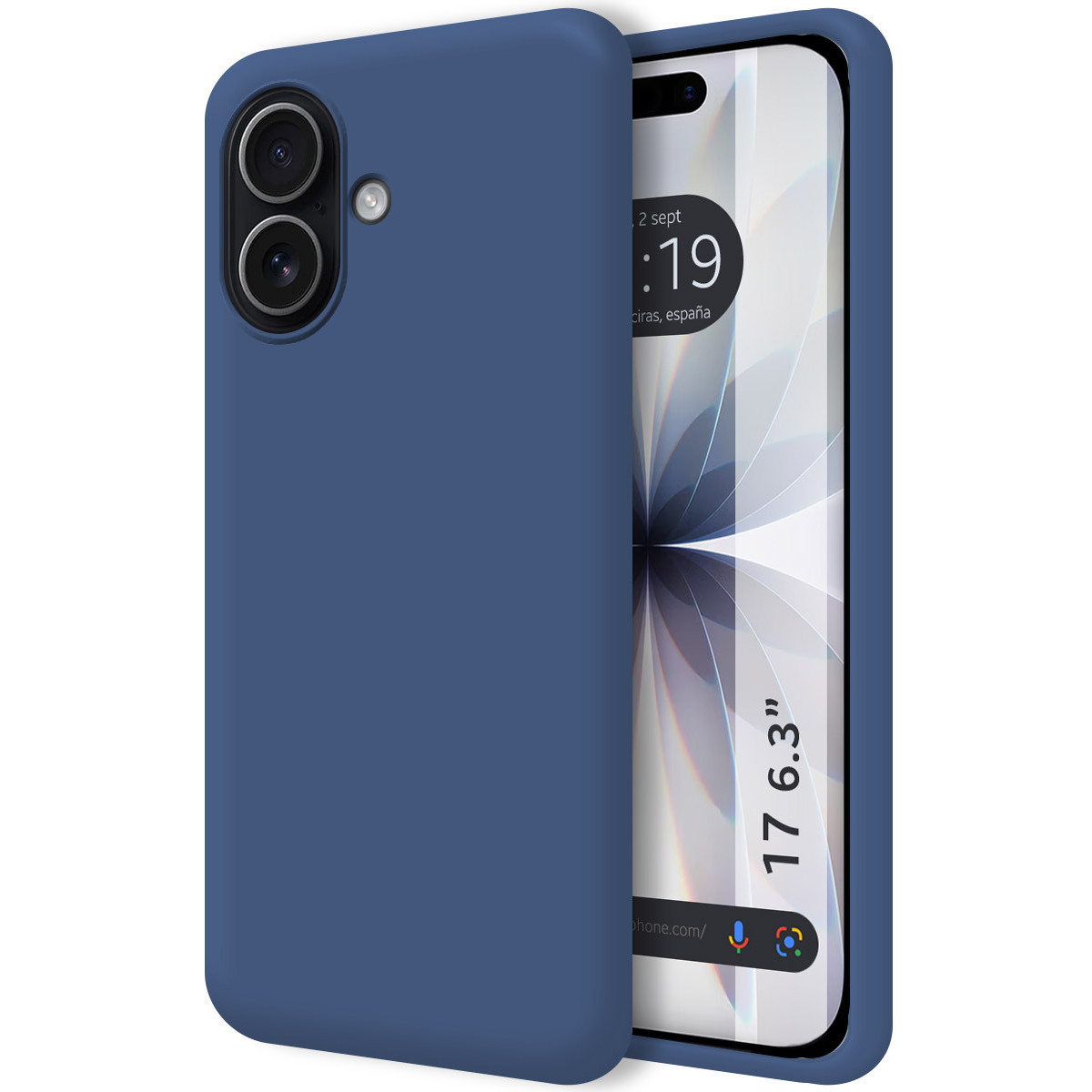 Una custodia blu per telefono copre parzialmente uno smartphone. Il telefono mostra l'ora e uno sfondo floreale.
