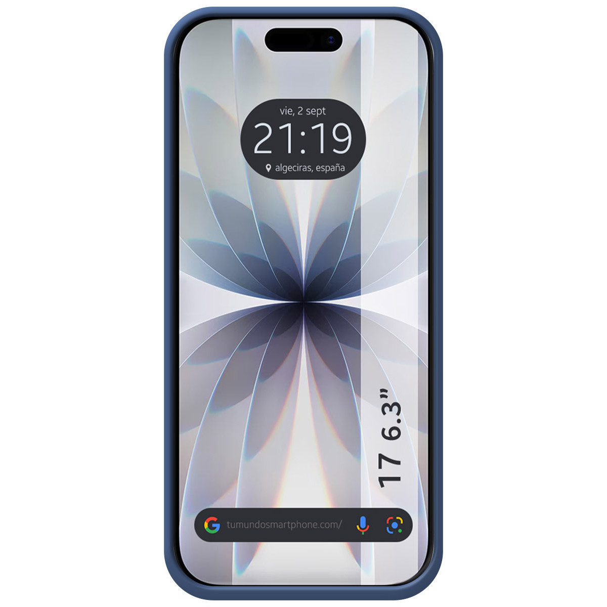 Uno smartphone con custodia blu mostra le 21:19. Lo schermo mostra un disegno floreale e la scritta 'algeciras, espana'.