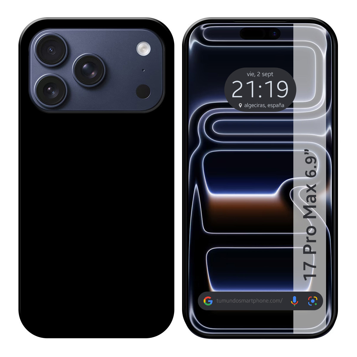 Uno smartphone nero visualizza una schermata di blocco con ora e posizione, con una fotocamera a tre lenti e un retro nero lucido.