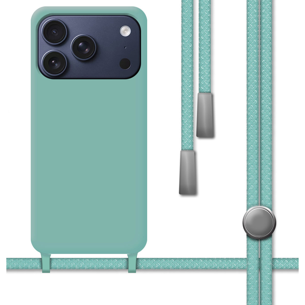 Una custodia per telefono verde acqua con un cordino. La custodia ha un modulo fotocamera nero e un cinturino verde acqua. Il cordino è anch'esso verde acqua.