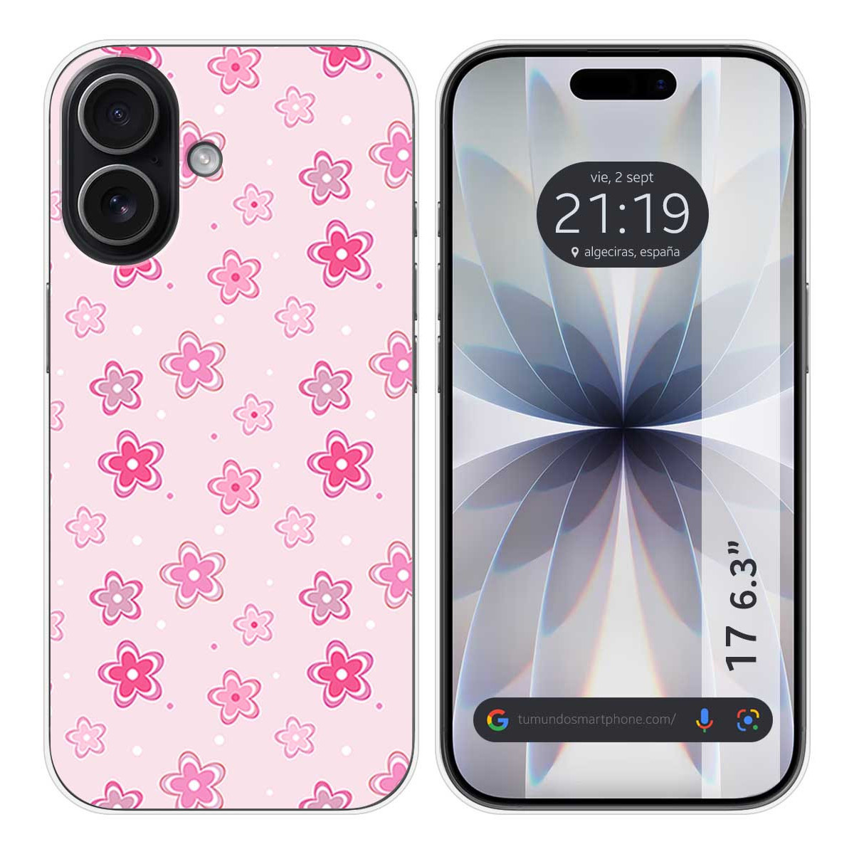 Smartphone con funda floral rosa. La pantalla muestra la hora y la ubicación. La funda tiene flores rosas y puntos blancos.