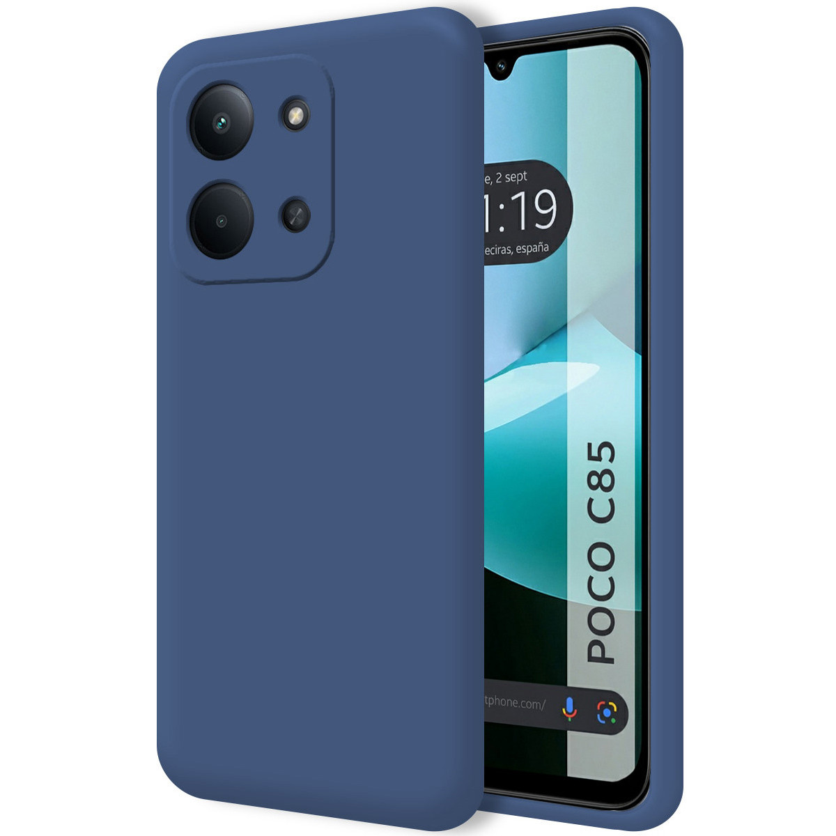 Una custodia blu per telefono copre parzialmente uno smartphone. Il telefono mostra l'ora e le parole 'Poco C85'.