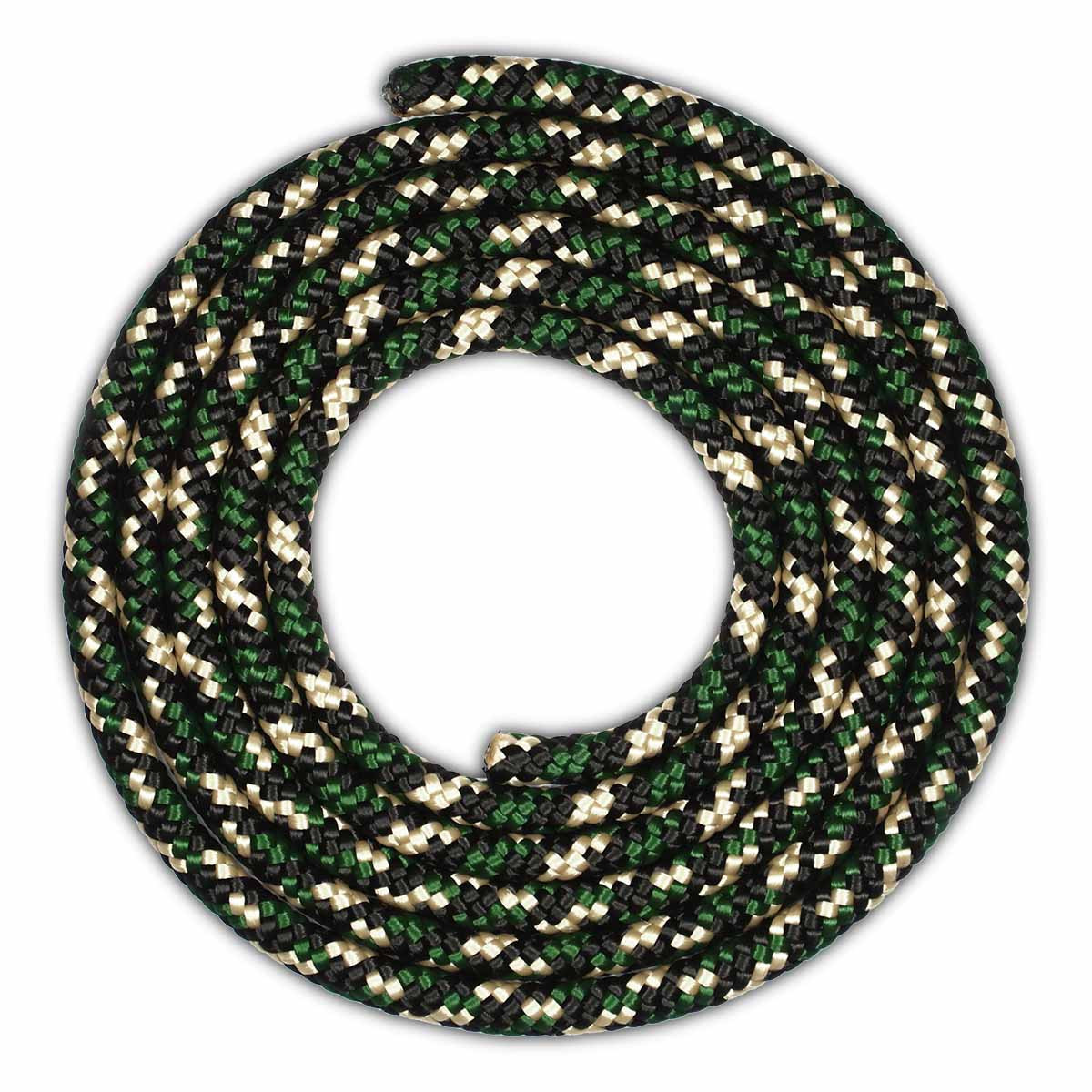 Cuerda enrollada con patrón verde, negro y beige. Está dispuesta en círculo, con el centro en un fondo blanco.