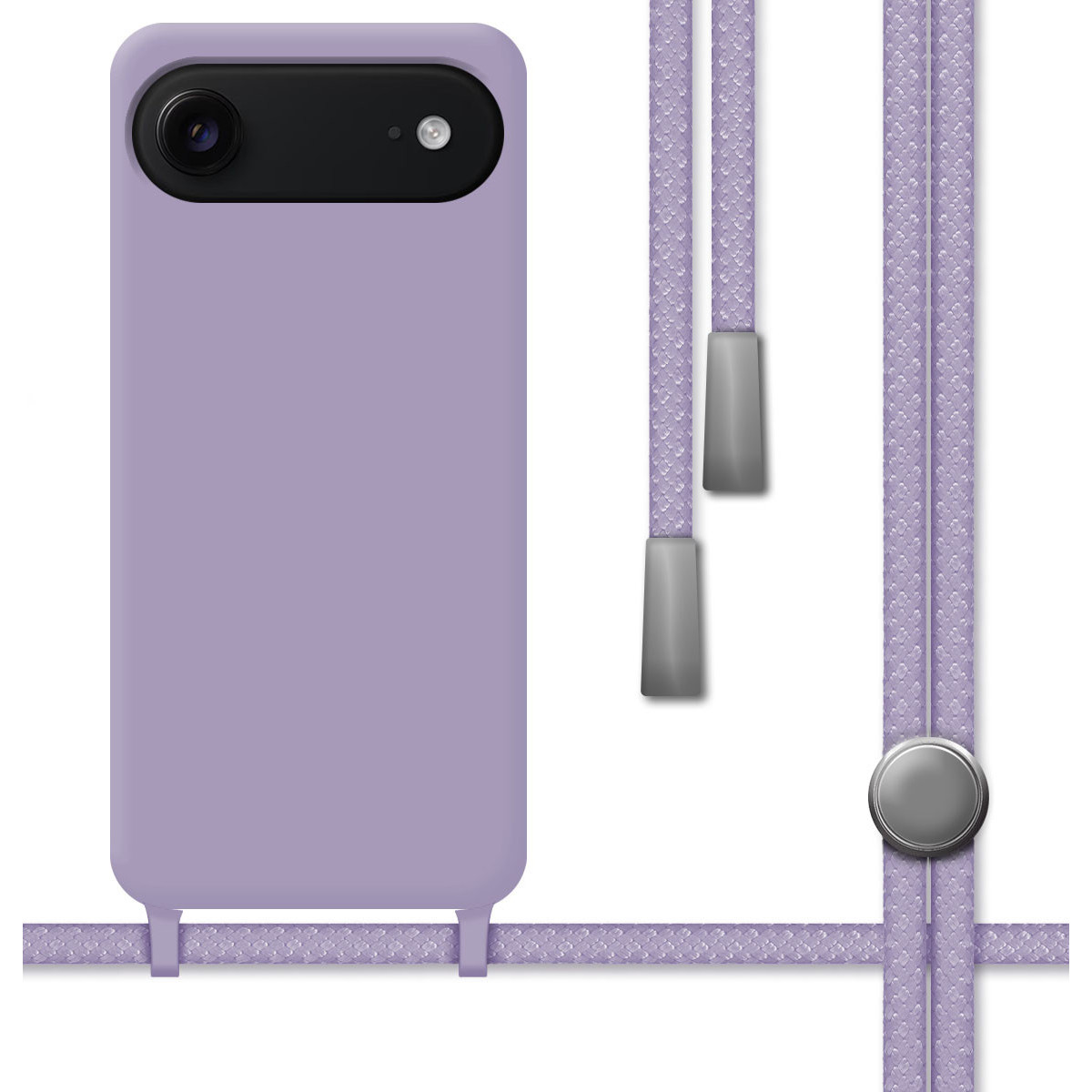 Una custodia per telefono viola con area fotocamera nera, attaccata a un cordino lavanda. Accenti grigio metallizzato sul cordino.