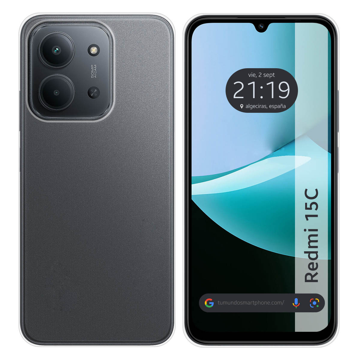 Uno smartphone, retro grigio e schermo che mostra l'ora e la data, con la scritta Redmi 15C sul lato. Il retro ha delle fotocamere.