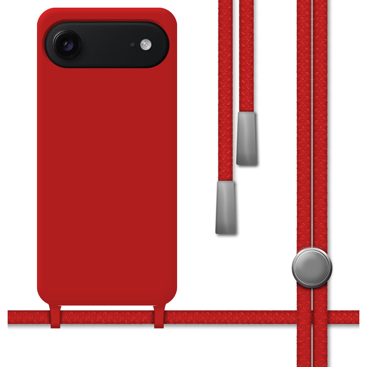 Custodia rossa per telefono con fotocamera e cordino. Corde rosse con terminali grigi e un bottone metallico su sfondo bianco.