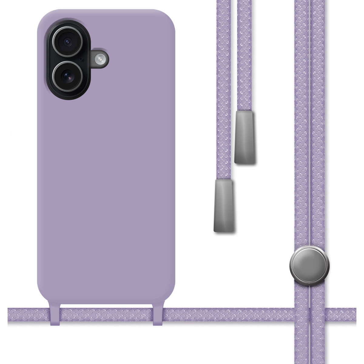Una custodia per telefono lilla con fotocamera e cordino abbinato. Il cordino ha dettagli argentati e una chiusura circolare.
