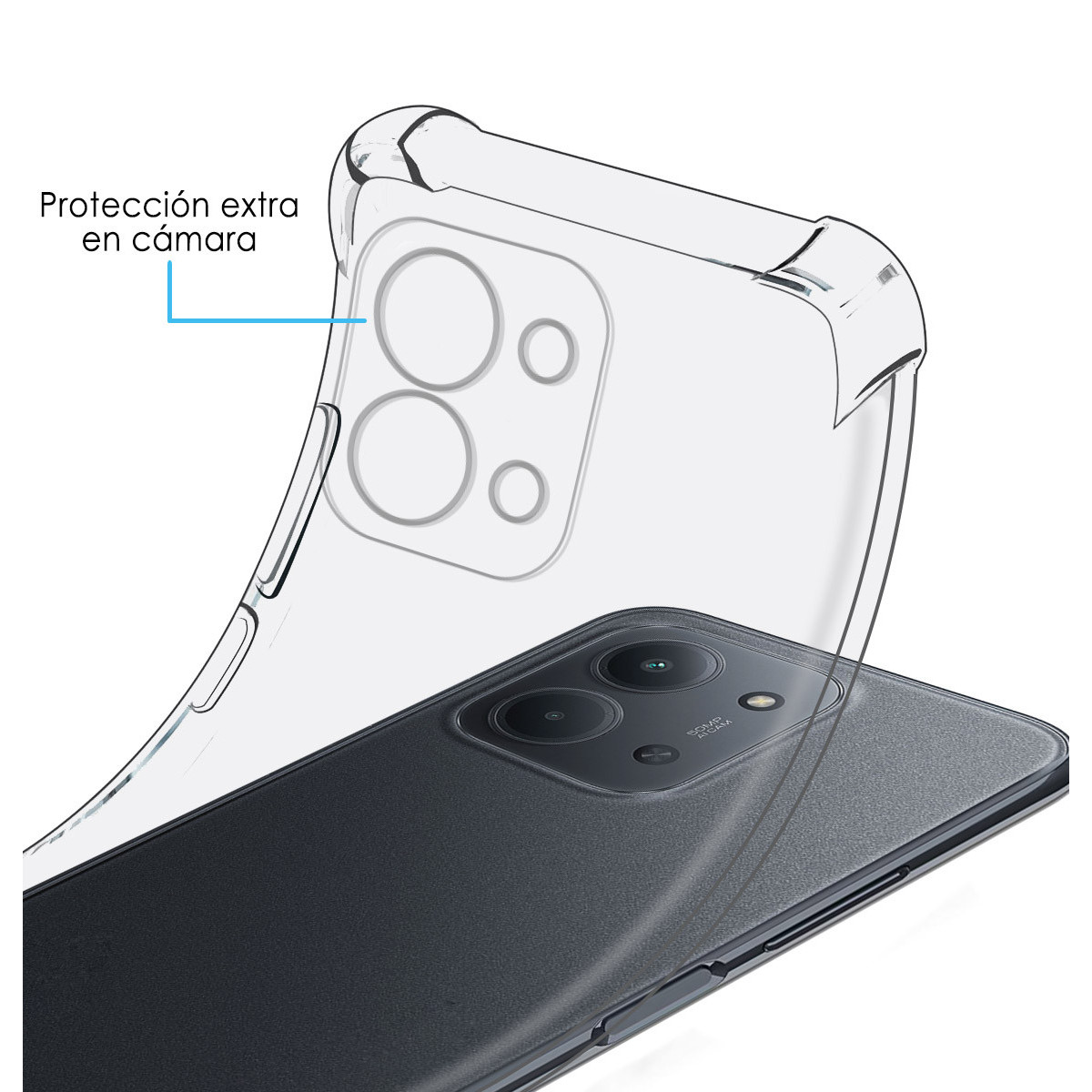 Una custodia trasparente su uno smartphone nero. La custodia evidenzia il rilievo della fotocamera. Testo spagnolo.