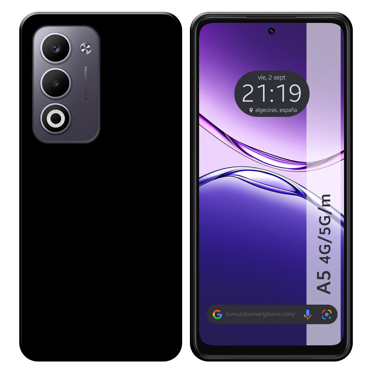 Uno smartphone nero mostra uno schermo viola con l'ora e il luogo. Il telefono ha un sistema di fotocamere sul lato.