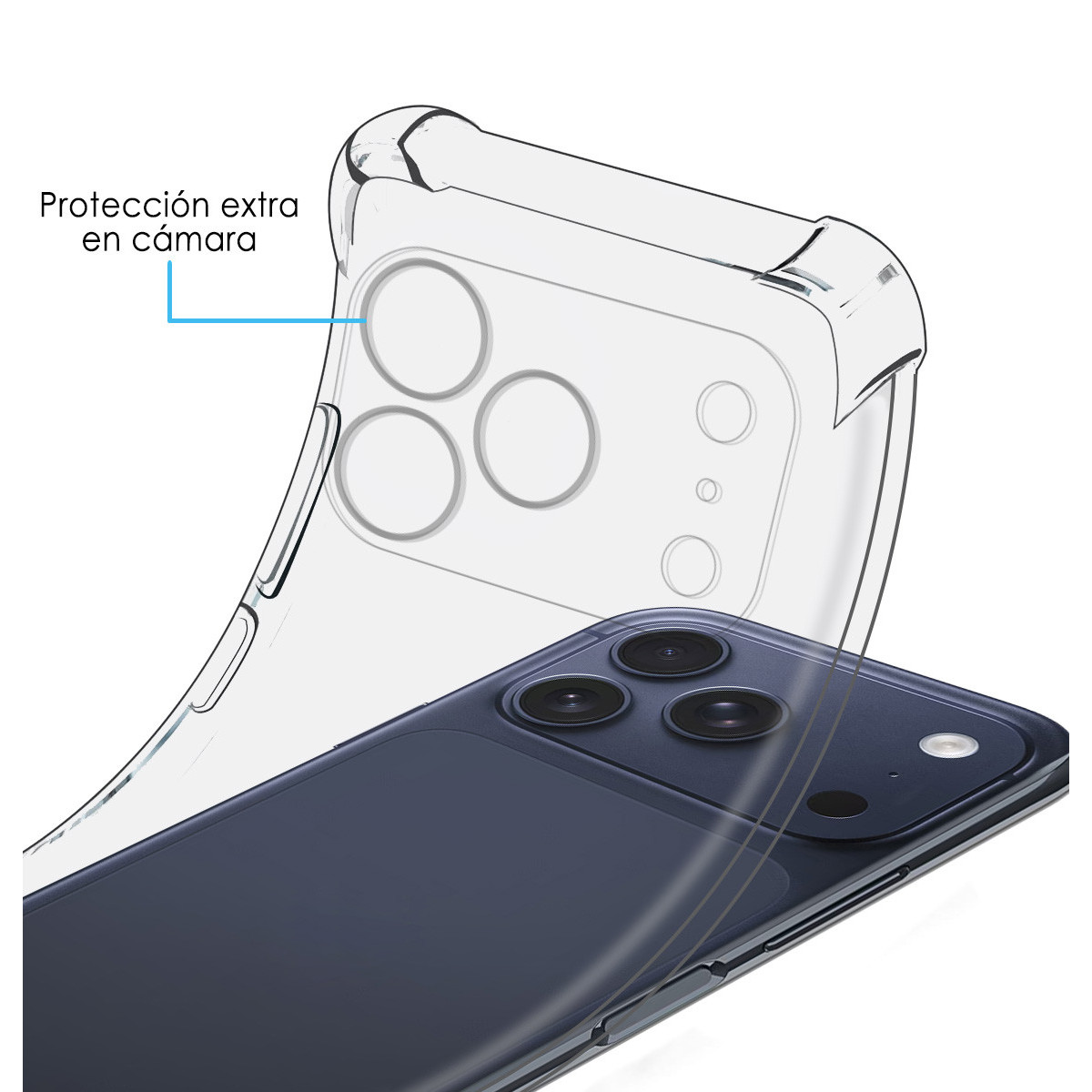 Una custodia trasparente per telefono è mostrata sopra un telefono blu scuro. La custodia evidenzia l'area della fotocamera con protezione extra.