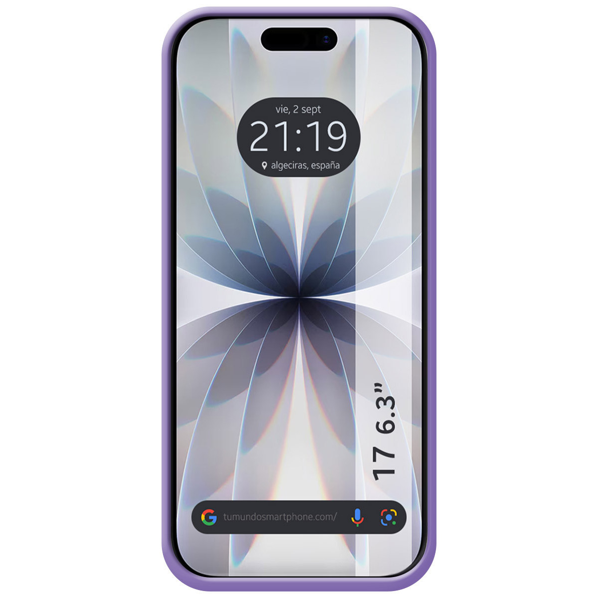 Lo schermo del telefono mostra l'ora, la data e il luogo. Lo schermo ha una cornice viola. Lo sfondo è un motivo floreale bianco e grigio.
