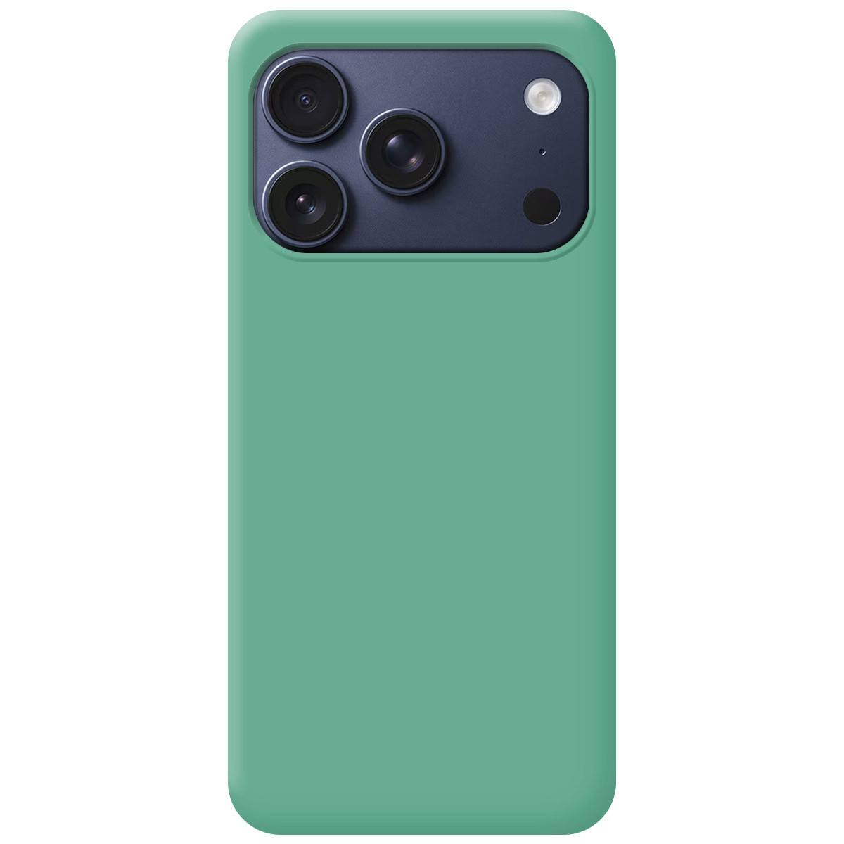 Una custodia verde per telefono con una sezione fotocamera blu scuro. Ha tre obiettivi, un flash e un piccolo punto. La custodia è verde unita.