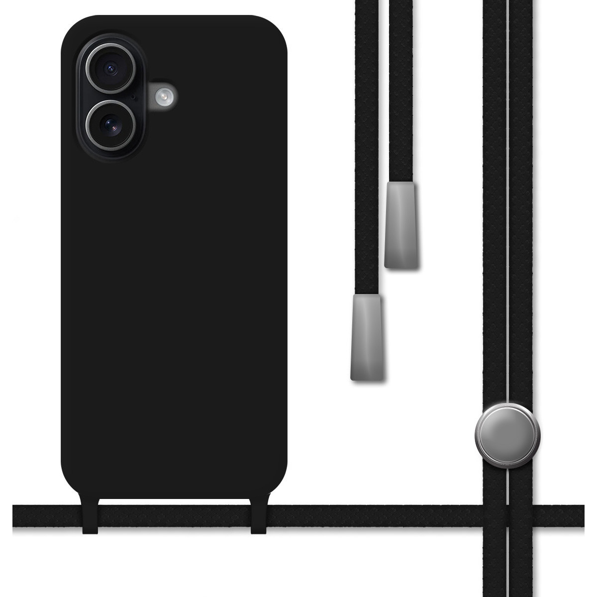 Una custodia nera per telefono con un cordino. La custodia ha una doppia fotocamera e un design semplice. Il cordino è nero con dettagli argentati.
