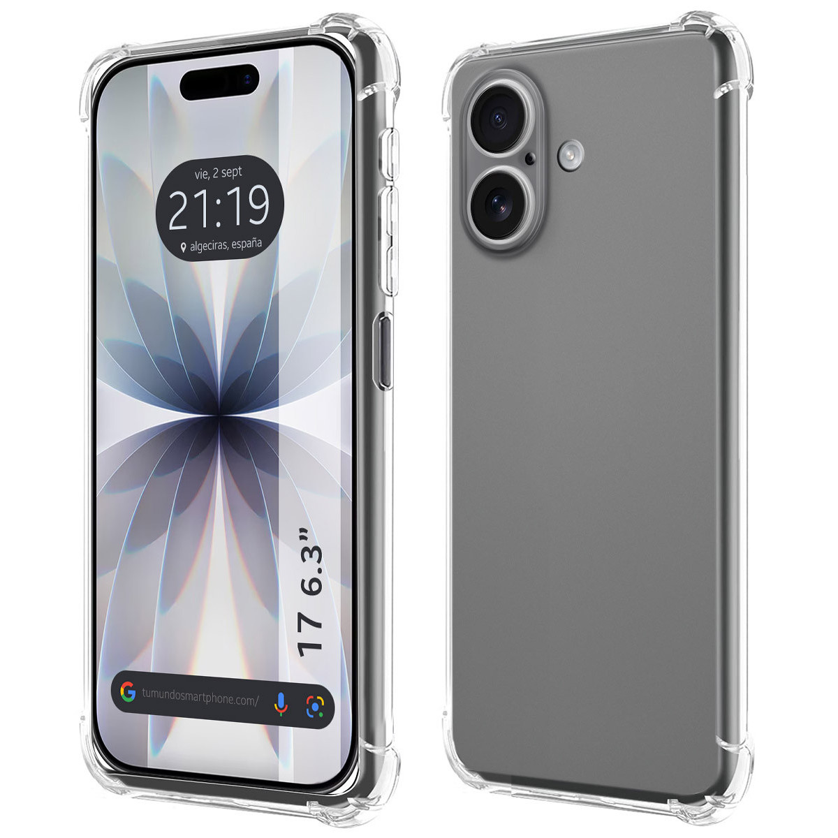 Uno smartphone in una custodia protettiva trasparente, che mostra la parte anteriore e posteriore. Lo schermo mostra l'ora e un sito web.