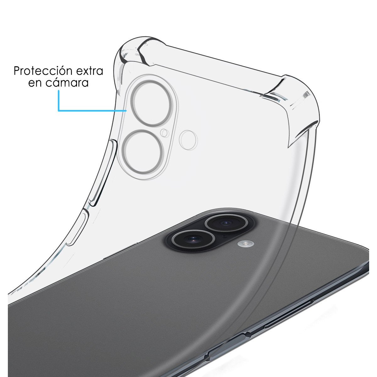 Custodia trasparente per telefono su telefono grigio. La custodia evidenzia la protezione della fotocamera. Testo in spagnolo.