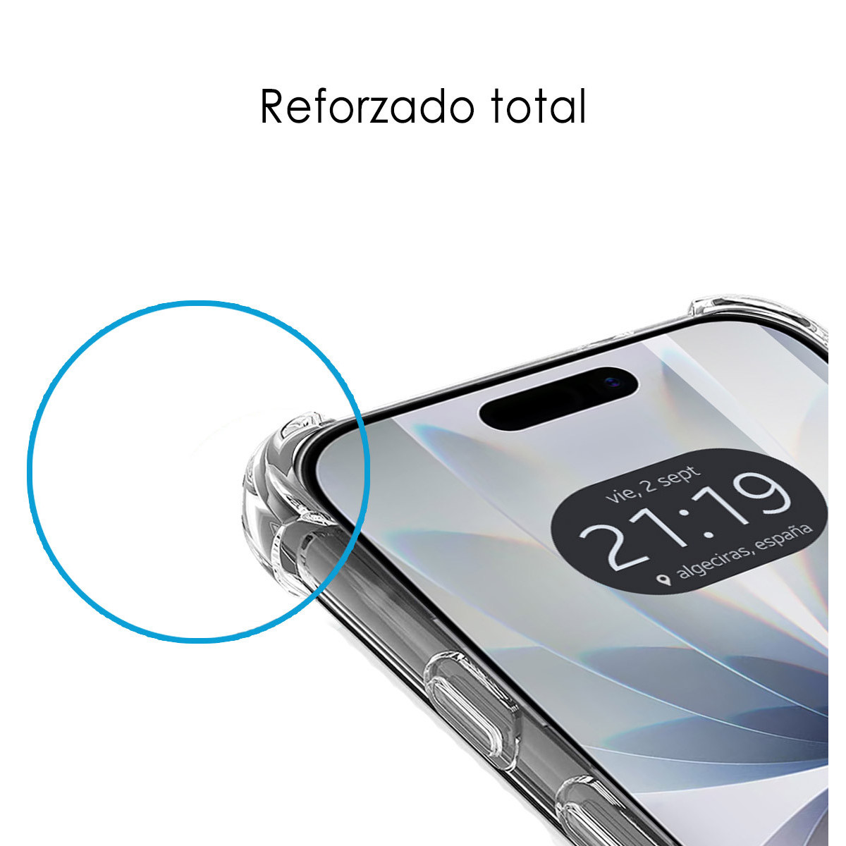 Primo piano di un telefono con custodia protettiva. Lo schermo mostra l'ora e il luogo. Il testo 'Reforzado total' è sopra.