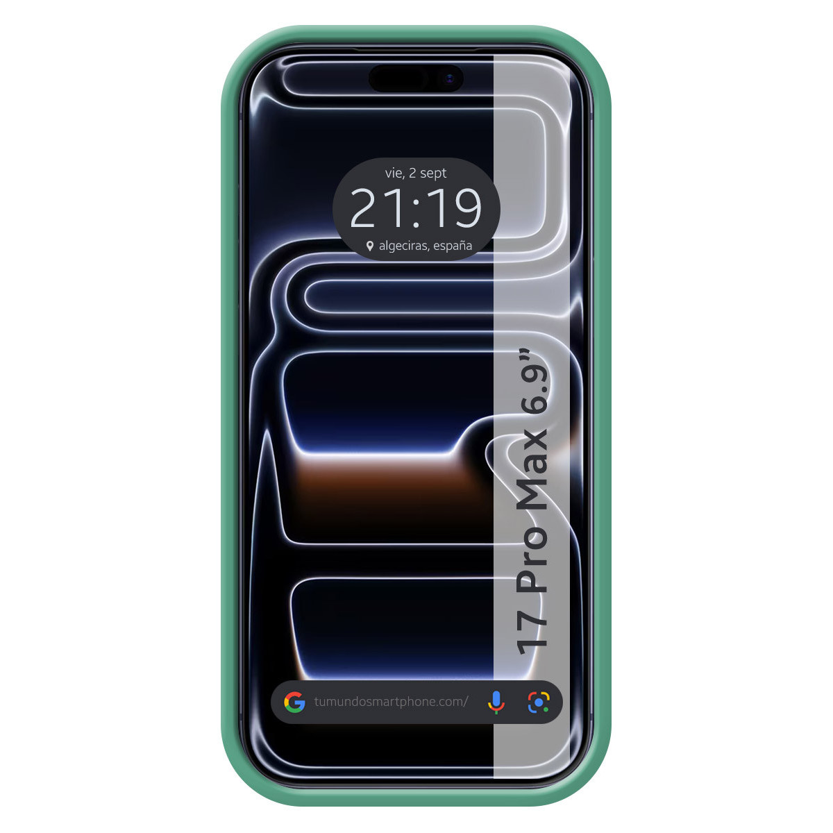 Uno smartphone con custodia verde mostra uno schermo con ora, data e sito web. Il telefono è etichettato come '17 Pro Max 6.9'.