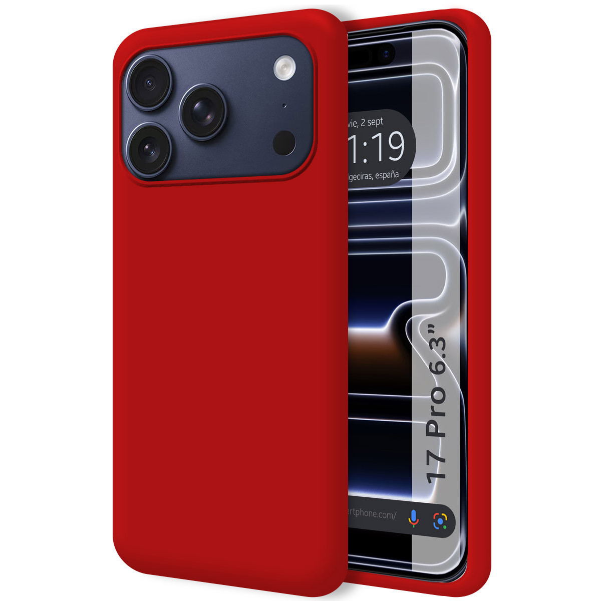 Una custodia rossa con un telefono all'interno, che mostra la data e l'ora. La custodia ha ritagli per la fotocamera.