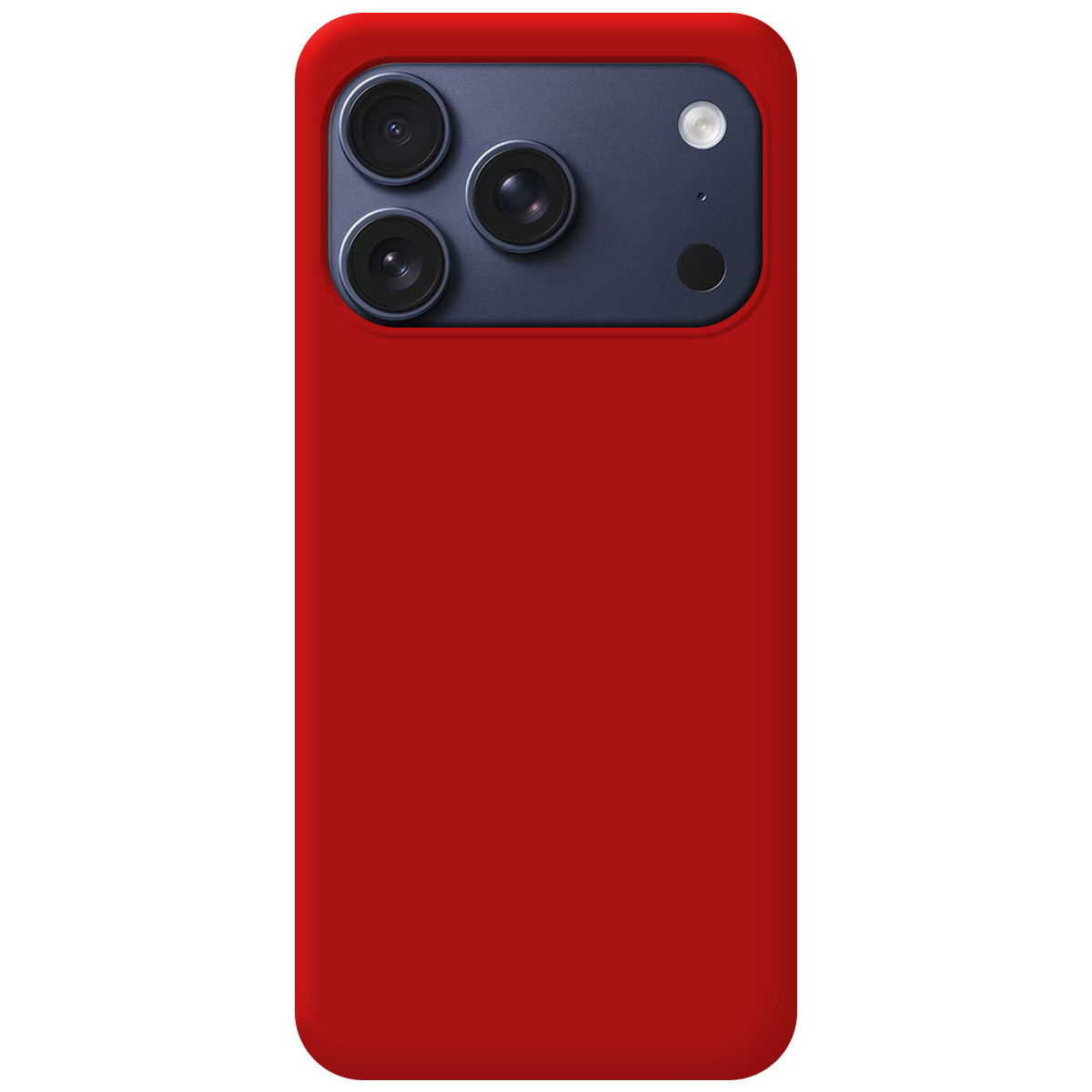 Una custodia rossa per telefono con un modulo fotocamera nero. Il modulo ha tre lenti e un flash.