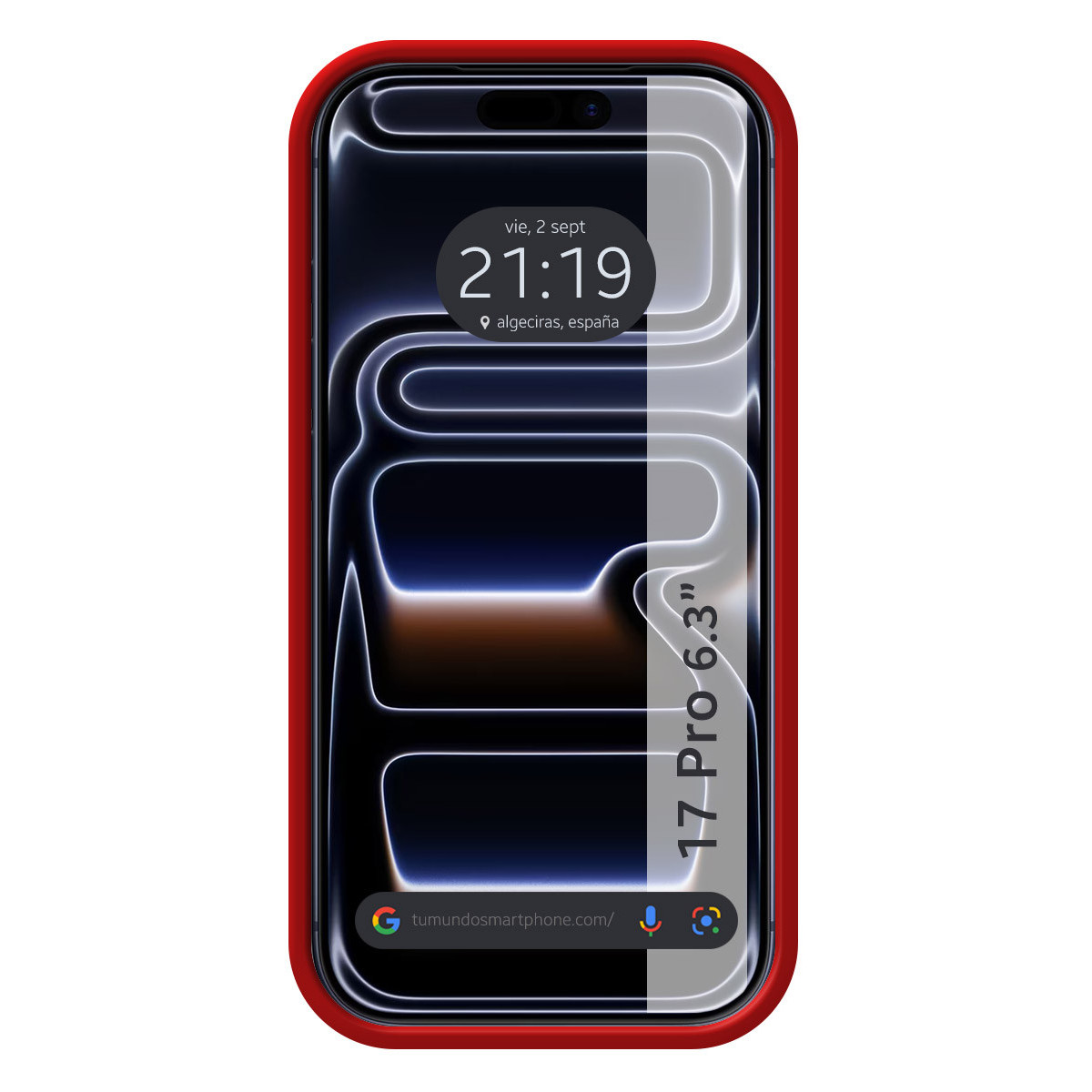 Uno smartphone con custodia rossa mostra una schermata di blocco. Lo schermo mostra l'ora, la data e il luogo, e dice 17 Pro 6.3”.