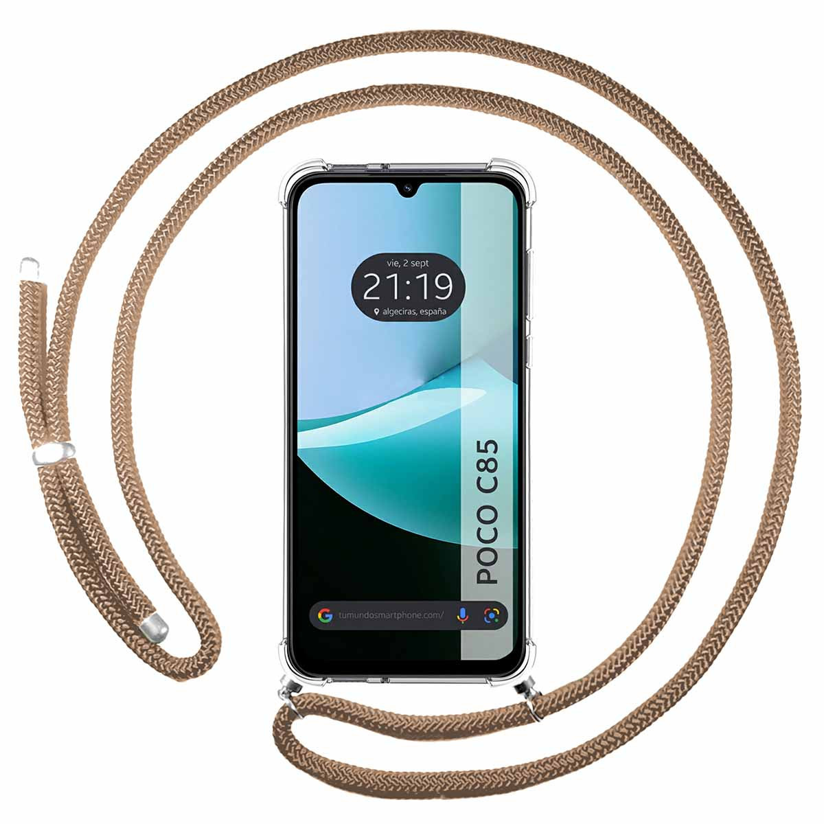Uno smartphone con custodia trasparente e corda marrone. Il telefono mostra l'ora e ha un'etichetta Poco C85.