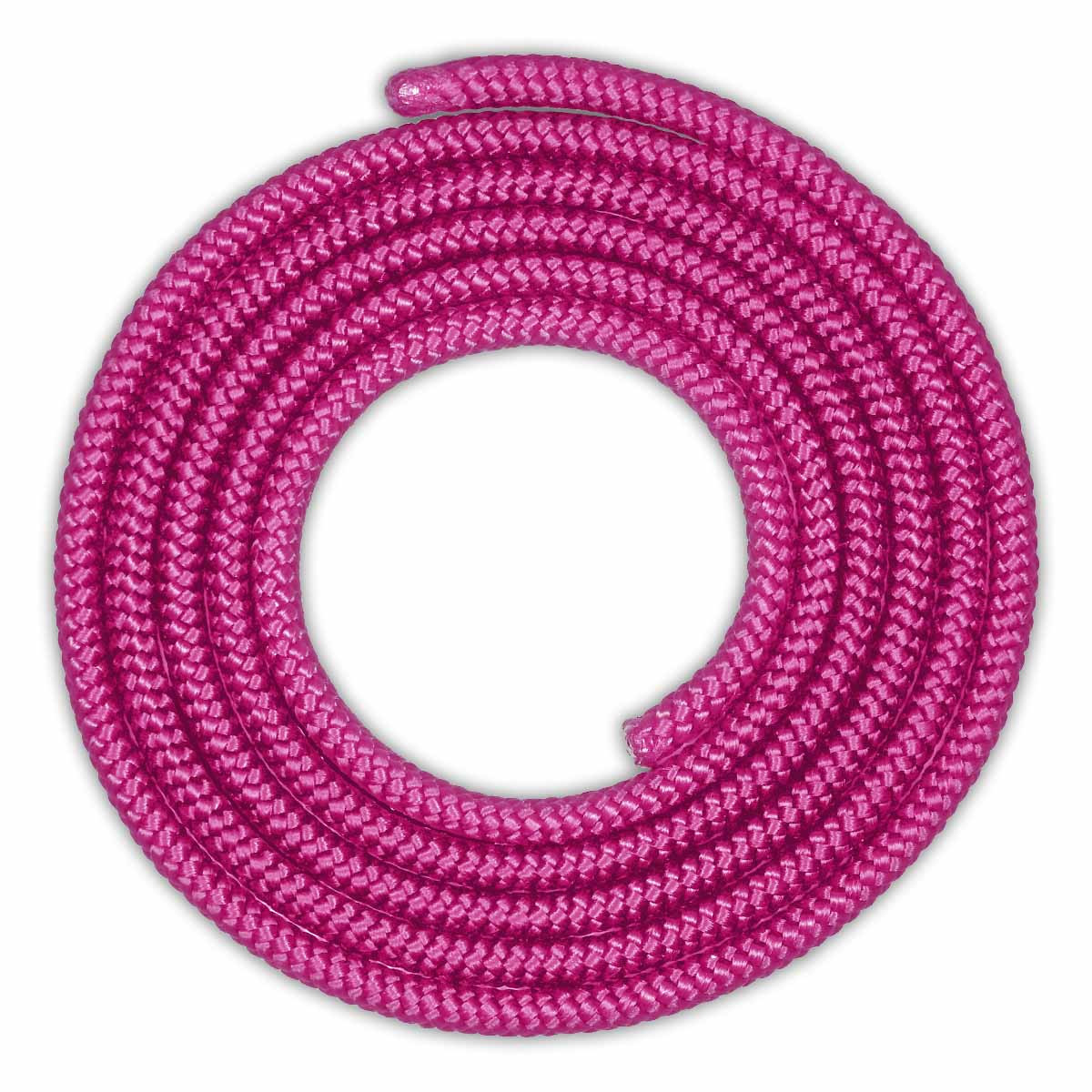 Una cuerda de saltar rosa enrollada sobre una superficie blanca. La cuerda es de color fucsia vibrante, y está tejida apretadamente.