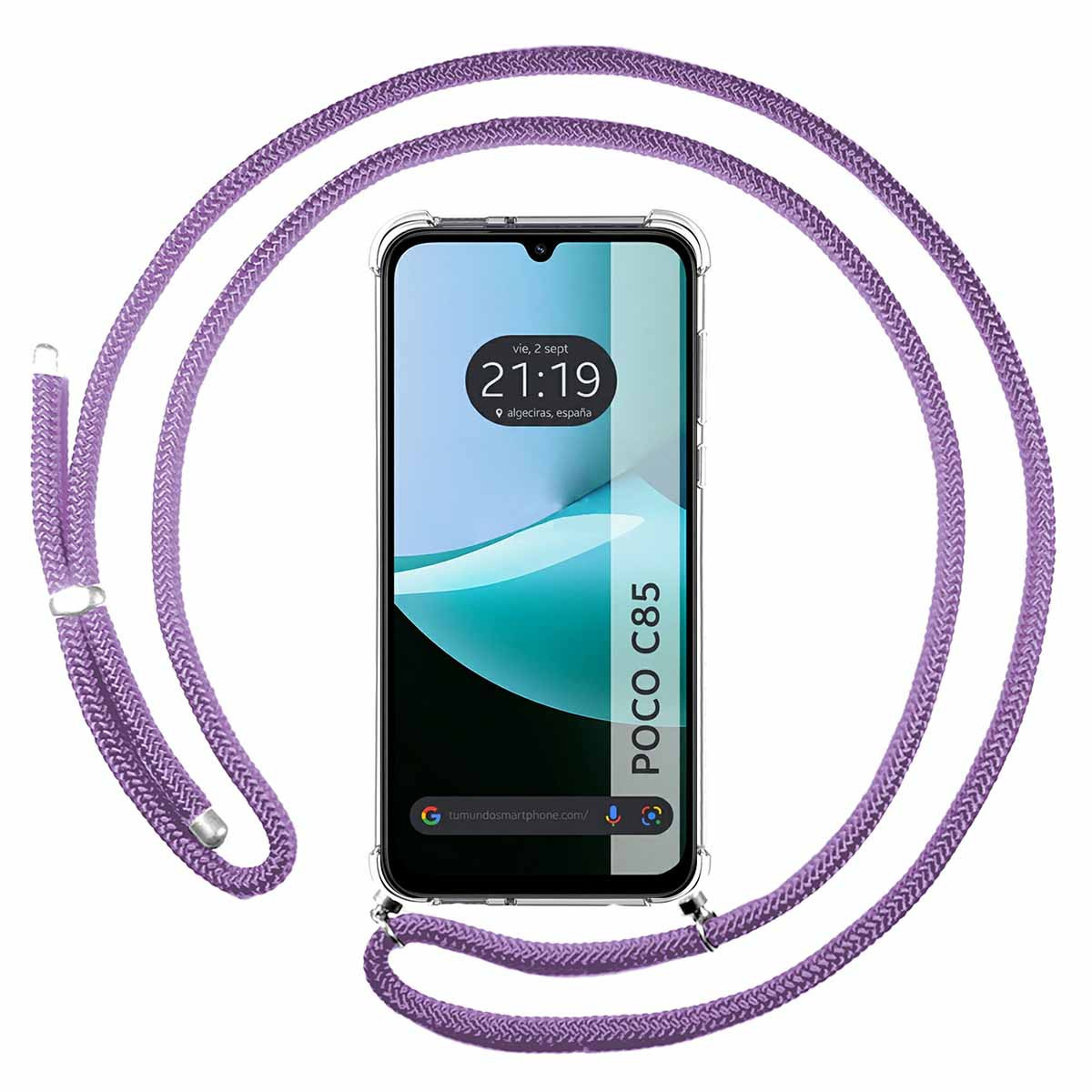 Uno smartphone con schermo che mostra l'ora, tenuto da un cordino viola. Il telefono è in una custodia trasparente.