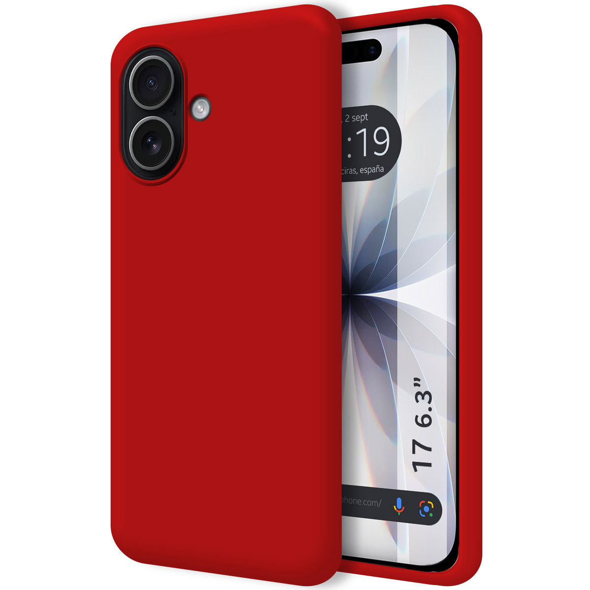 Una custodia rossa copre parzialmente un telefono. Il telefono mostra data e ora. La custodia ha un'area fotocamera.