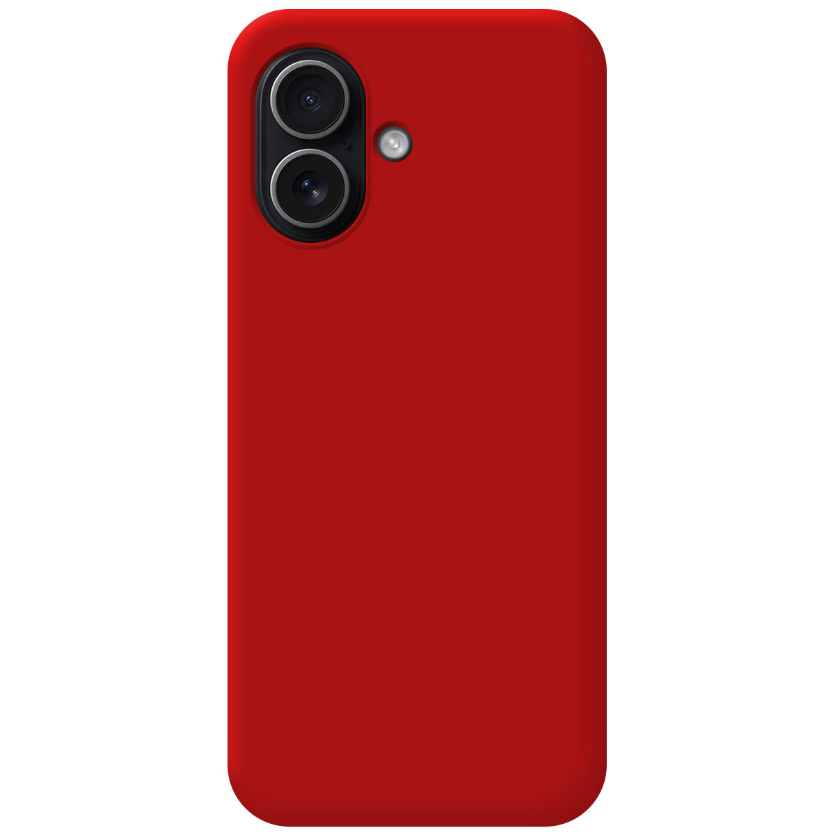 È mostrata una custodia rossa per telefono con configurazione a doppia fotocamera e flash. La custodia ha bordi curvi.