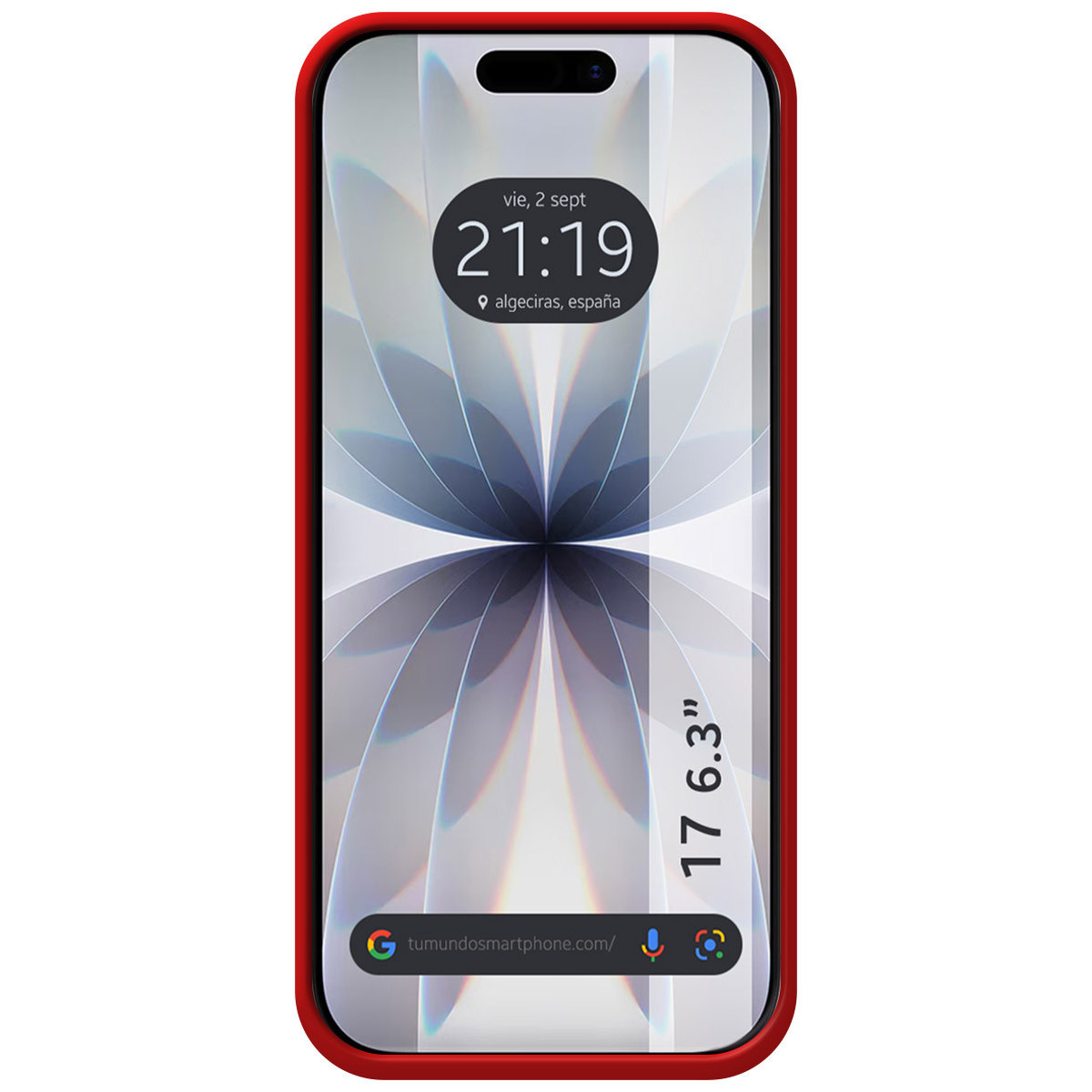 Smartphone con cornice rossa che mostra ora, data e posizione. Lo schermo mostra un design astratto.