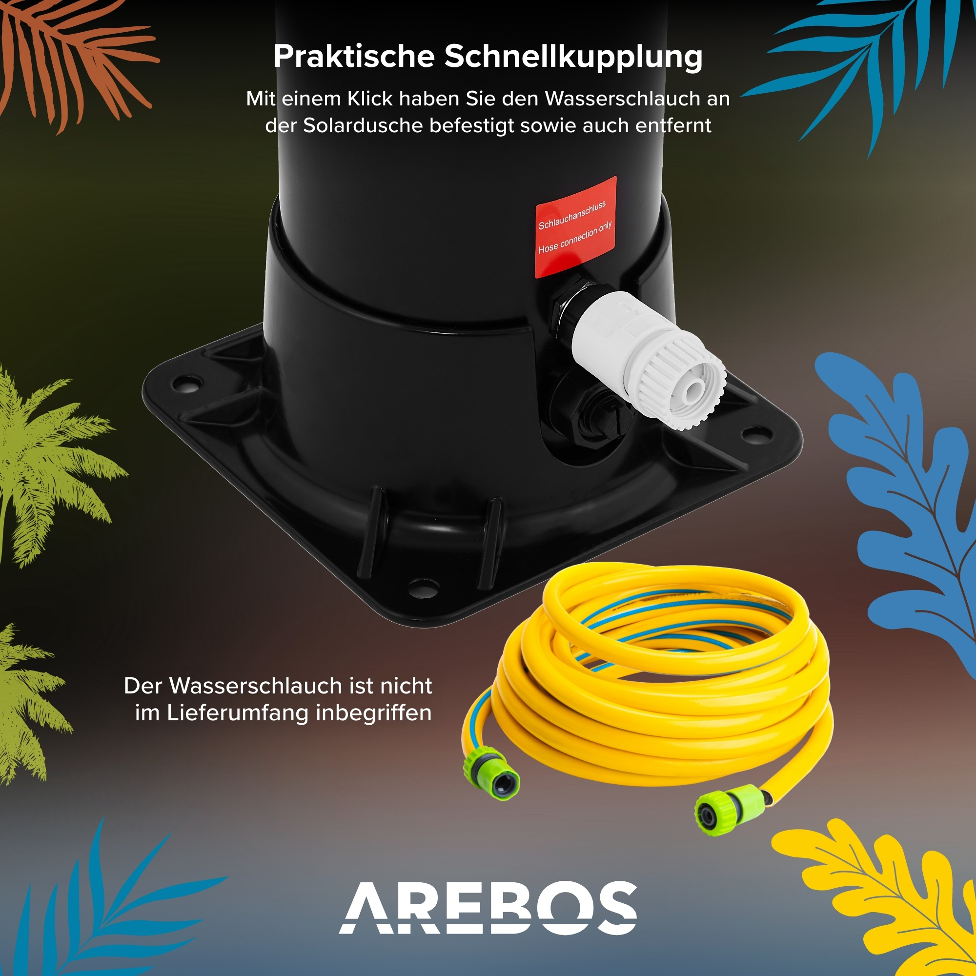 Ein schwarzer Wasseranschluss mit gelbem Schlauch. Text besagt Schnellkupplung und nur Schlauchanschluss.