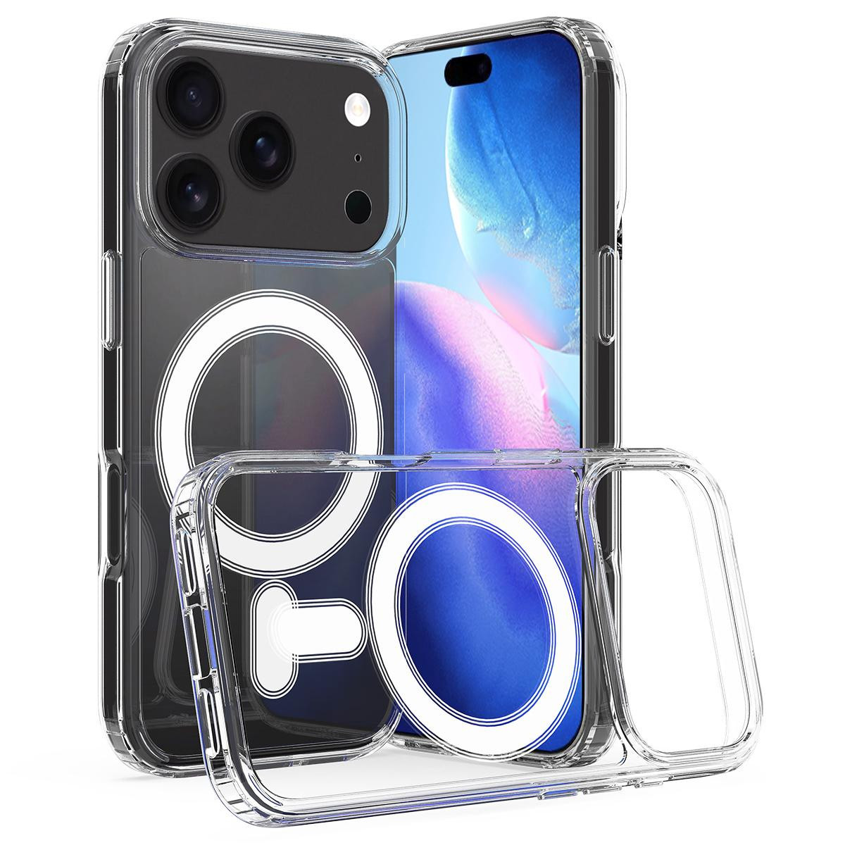 Custodia trasparente per telefono con design ad anello luminoso bianco, che mostra un telefono con schermo blu e tripla fotocamera.